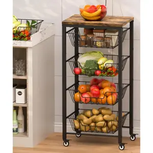 Fruit Vegetable Storage Cart for Kitchen, 5-Tier Vegetable Stand Rack with Pull-Out Fruit Baskets, Rolling Snack Cart with  Top & Banana Holder for Pantry, Living Room, Bathroom, Black
