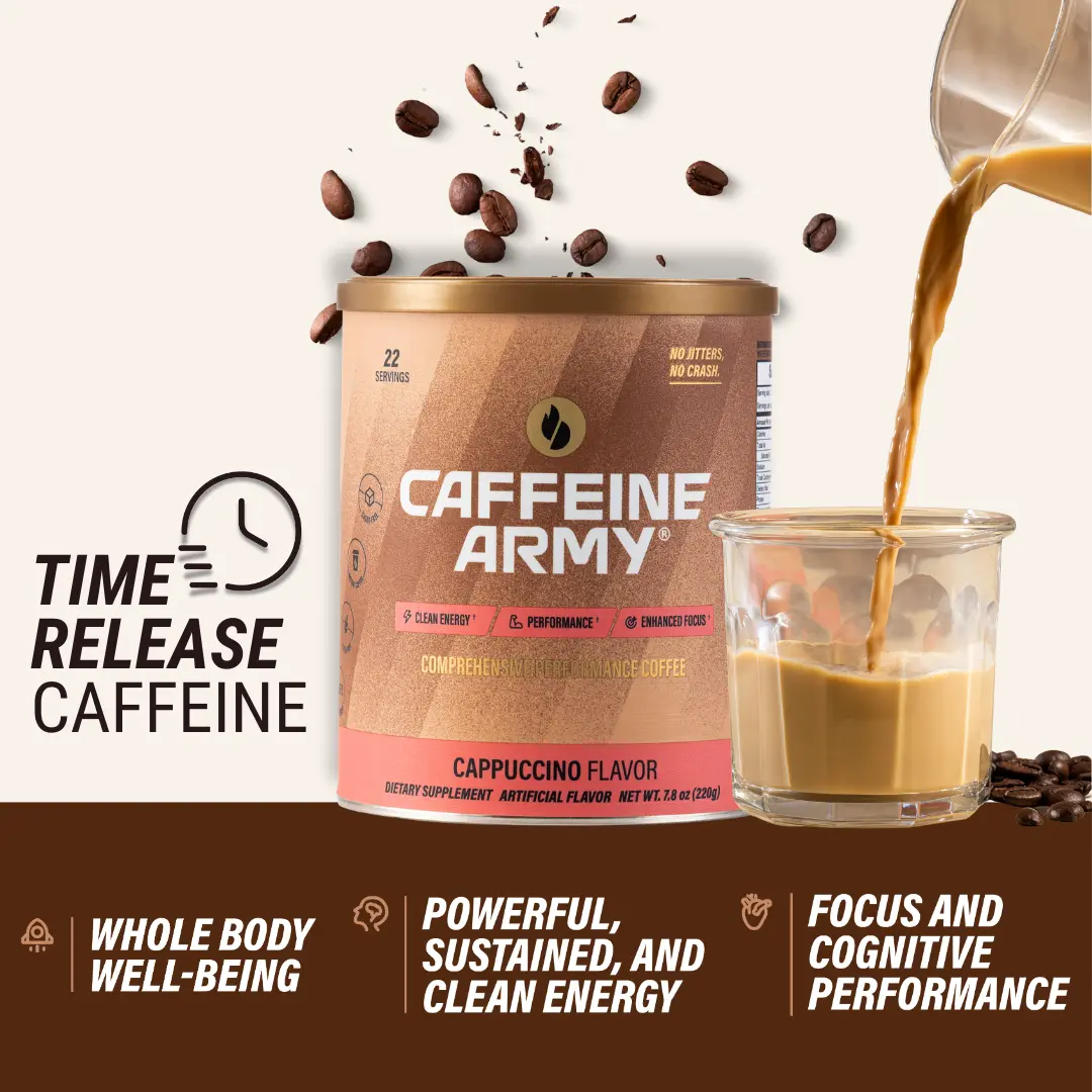 Caffeine Army Cappuccino Coffee with Time-Release Caffeine, MCTs, Collagen & B-Vitamins — 22 Servings | Sugar-Free, Gluten-Free, Keto-Friendly Beverage