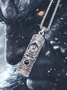 Ancient Feng Shui Ani Buddha Pendant Necklace, Rotatable Open Text Container, Ashes Jewelry, Vintage Antidemonic Gift for Boyfriend Husband