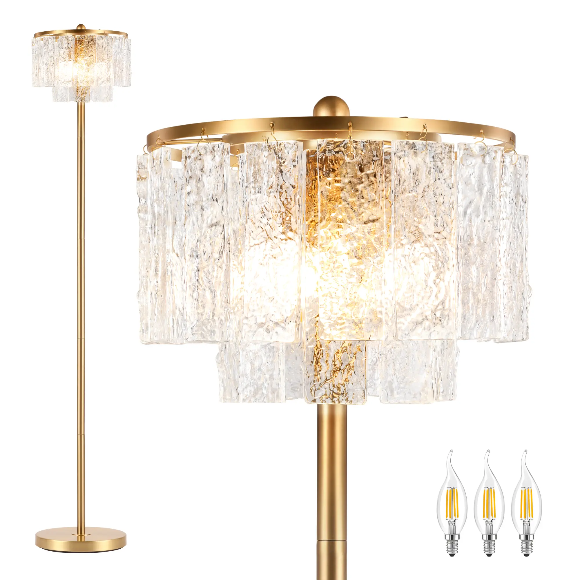 63-inch Gold Floor Lamp With Double-layer Crystal Lampshade And Foot Switch, Suitable For Living Rooms, Bedrooms, Offices, Corridors And Coffee Shops.(3 Bulbs Included)