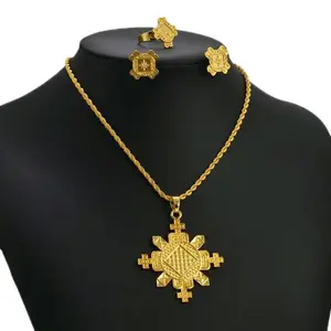 Gorgeous Ethiopian Gondar Gold Cross Necklace Jewelry Set - 3pc Set (24KGP) መስቀል Meskel | Eritrean, Lalibela, Axum, Gonder, Habesha Style