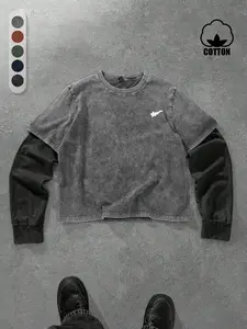 Unisex Vintage Fake Two-Piece Sweatshirt Tops - Retro Layered Long Sleeve Fitted Pullover with Contrast Patchwork Graphic Design for Streetwear Aesthetic & Casual Daily Wear Menswear
