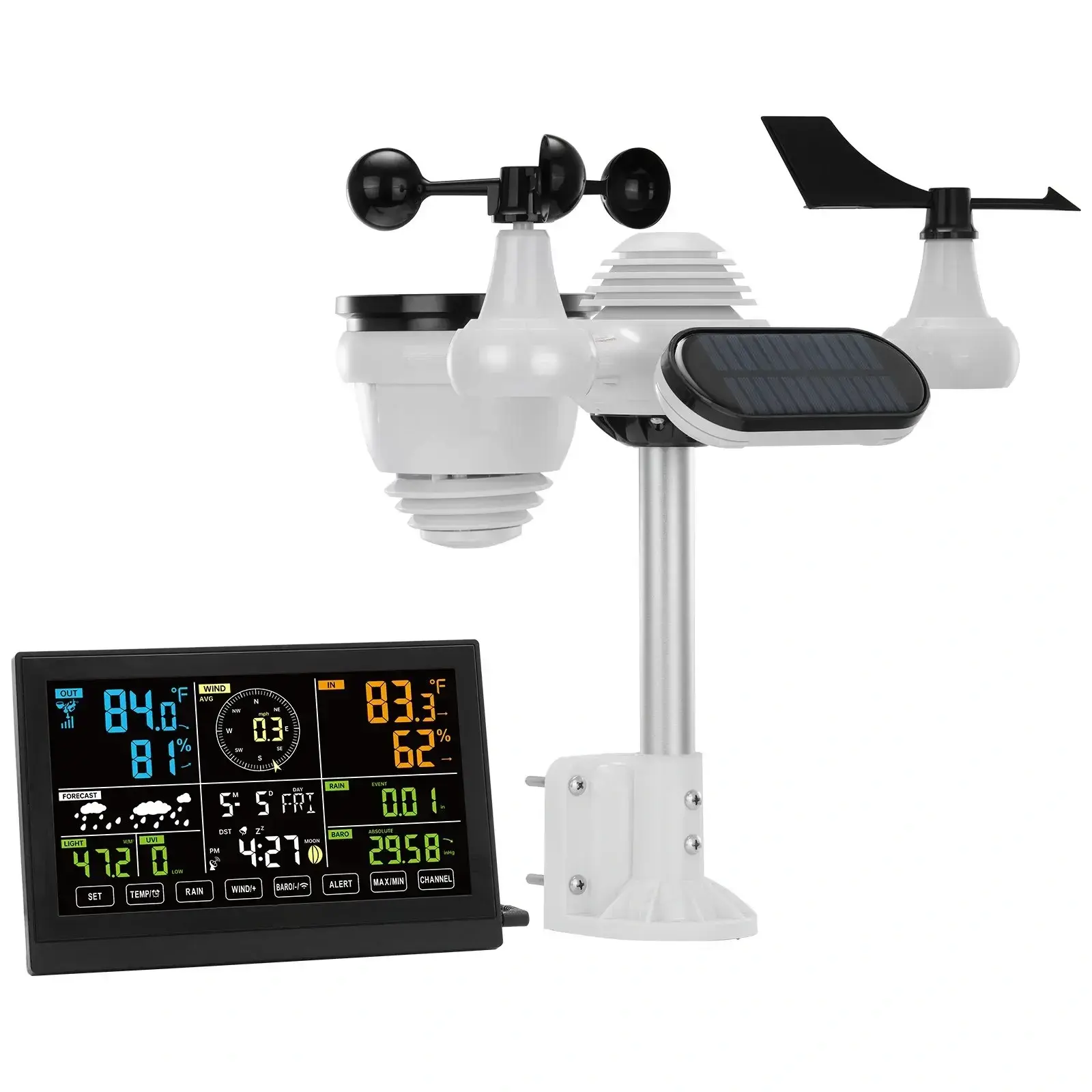 7-in-1 Wireless Weather Station with 7.5 in Color Display, Digital Indoor Outdoor Weather Monitoring Clock, Temperature Humidity Wind Speed/Direction Rain UV Tracker, Forecast Data, Alarm, Alerts - No WIFI
