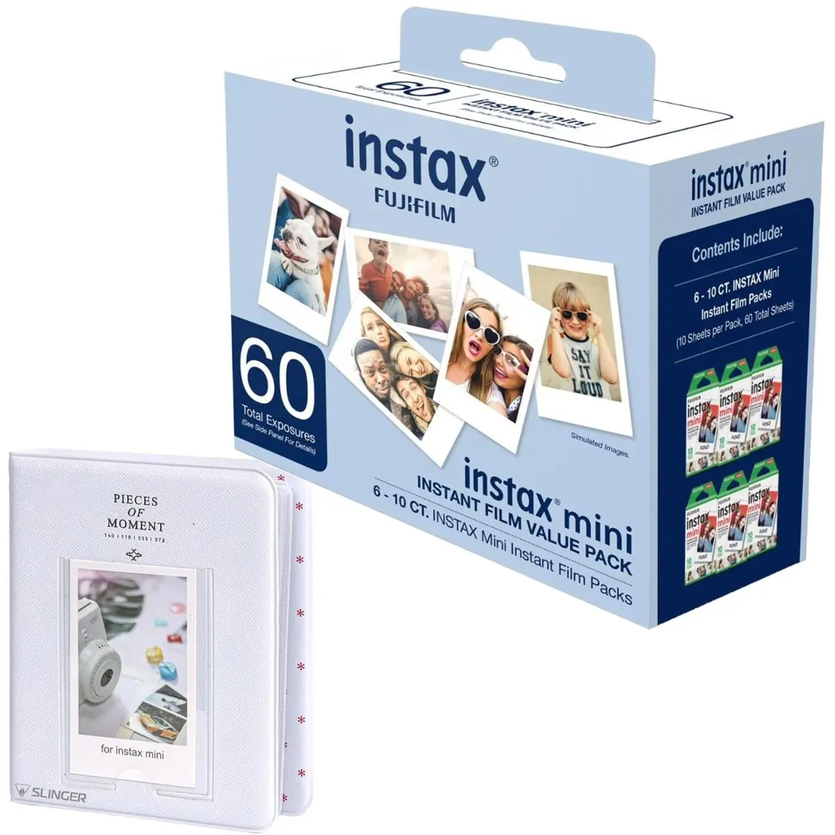 Fujifilm Mini Instant Camera Film Value Bundle - 60 Shoots (6 x 10 Sheets), Accompanied by Durable 60-Capacity Slinger Photo Album, Camera Accessories