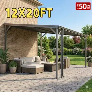 12x20FT Lean to Gazebo Wall Mounted Hardtop Gazebo with Sloping Galvanized Steel Roof Heavy Duty Outdoor Shelter with Drainage System Curtain Netting Waterproof UV Resistant for Deck Porch Backyard Patio Lawn