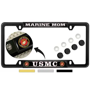 [Officially Licensed US Marine Corps Product] - Marine MOM USMC - Domed Custom-Made Personalized Narrow (Thin) Top 4 Hole Metal Car License Plate Frame with Free caps - 6 Variations