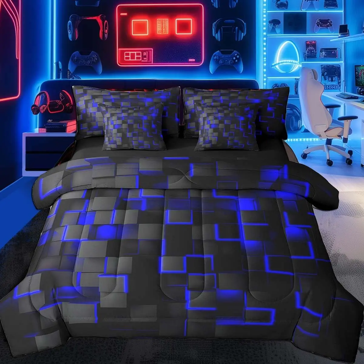 Blue and Black Bedding Set Light Geometric Comforter Set with Sheets 7 Piece for Kids Boys Decor Bed in a Bag Modern Style Bed Set, Geometric Pattern Bedding, Bedding Sets Collections