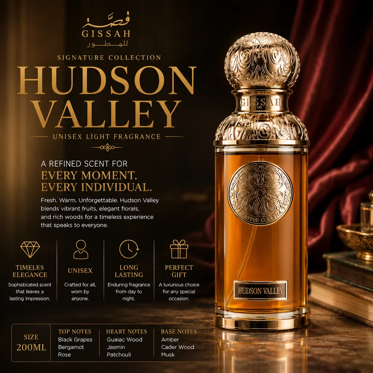 Gissah Hudson Valley Unisex Woody Amber Perfume - Long-Lasting Daily Wear Fragrance with Black Grapes, Patchouli, Cedarwood - 200ml Bottle