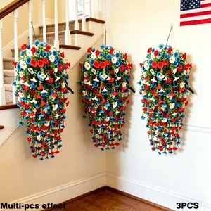 3pcs Three-Color Artificial Hanging Flower, Red, White, Blue, Artificial Faux Flowers, Morning Glory Artificial Plant, for Home Garden, Wedding, Indoor Outdoor Festival Decoration
