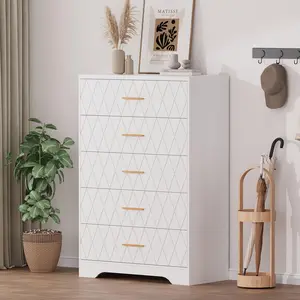Large 5-Drawer Dresser, White MDF Storage Cabinet with Gold Handles, Wide Top for TV Stand​ & Display, Anti-Tip Design, Smooth Metal Rails, Bedroom Chest for Clothes, Living Room Console, Hallway Organizer, Easy Assembly Furniture