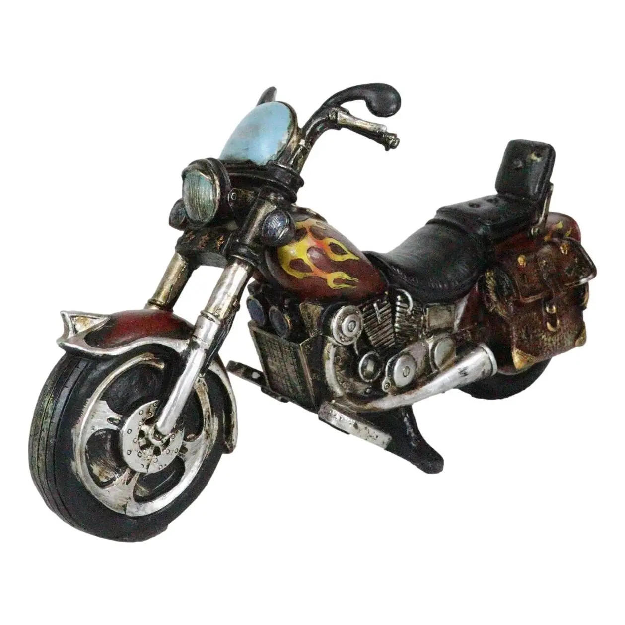 Vintage Chopper Motorcycle Figurine with Faux Leather Saddles - Resin Sculpture, Vintage Take Decor for Desks, Mantelpiece, Ideal for Motorcycle Enthusiasts, Home Decor Accent