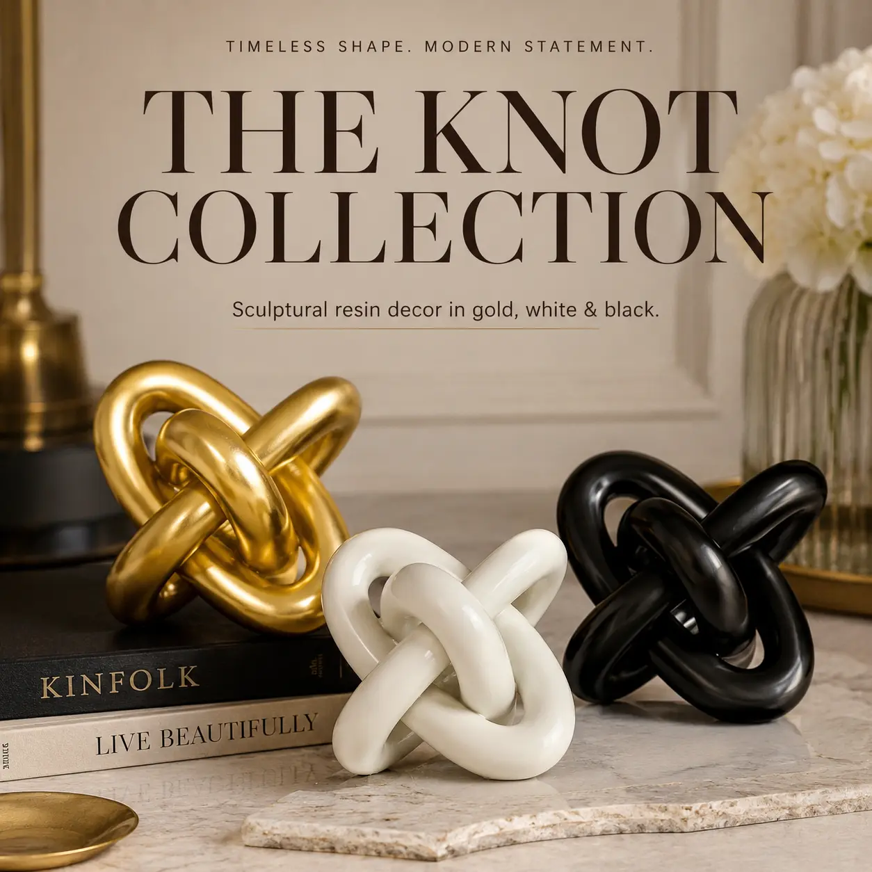 Gold-Black Interlocking Knotted Resin Sculpture - 1-Count Boho Farmhouse Rustic Modern Decoration, Gold Knotted Ornament for Coffee Table, Living Room Ornaments, Friendship Gift Home Decor Accessory, Tabletop