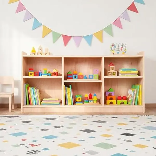 Montessori Sturdy Wooden Storage Shelf - 5-Compartment Dual-Purpose Toy & Book Organizer, 47.2"w × 11.6"d × 22"h, Adjustable Dividers, Non-Porous Surfaces, Natural Finish, Assembly Required for Kids' Playrooms, Nurseries, Classrooms