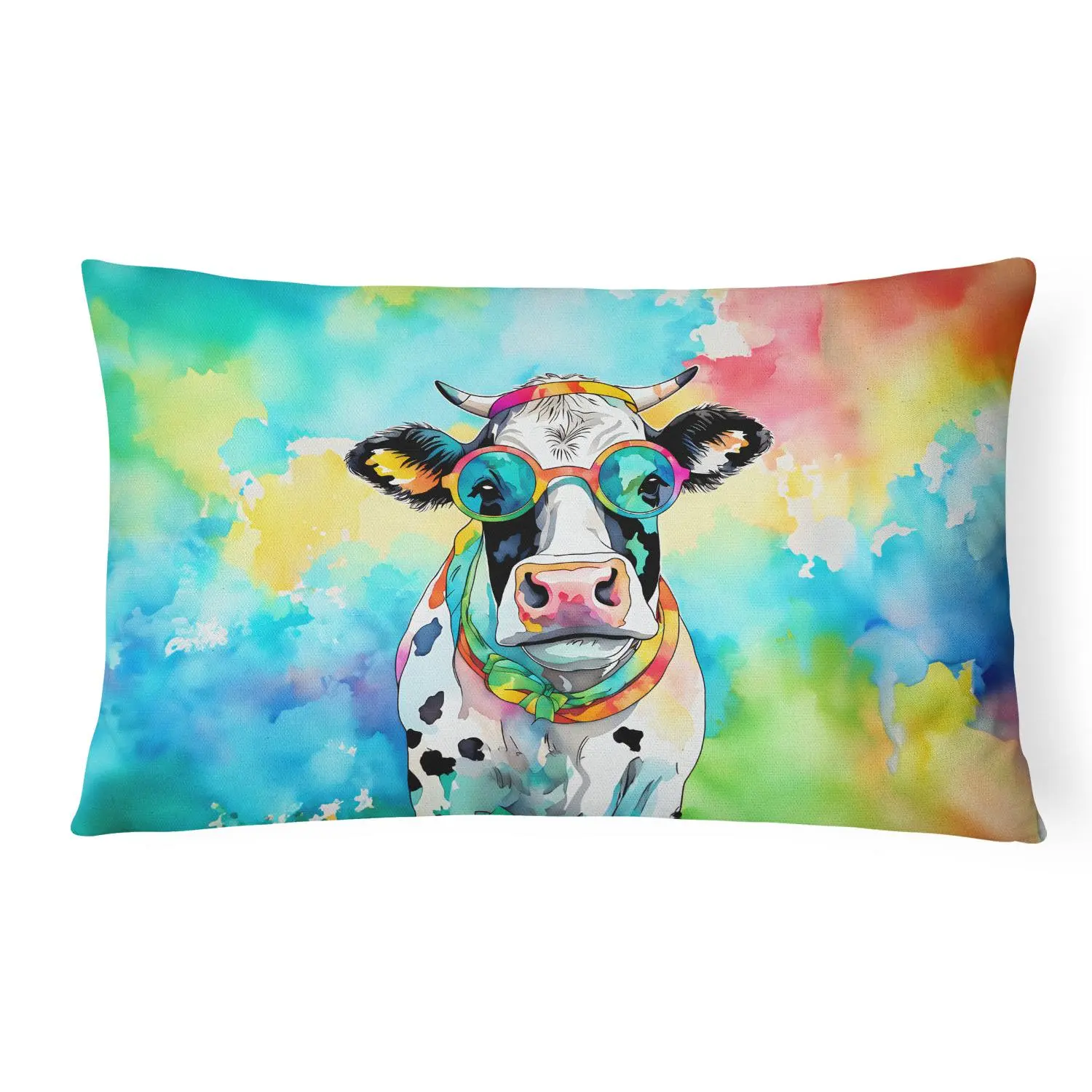 Hippie Animal Cow Decorative Throw Pillow 12x16 Indoor Outdoor Accent Cushion, Fabric Cover with Insert for Sofa, Bed, Porch & Living Room