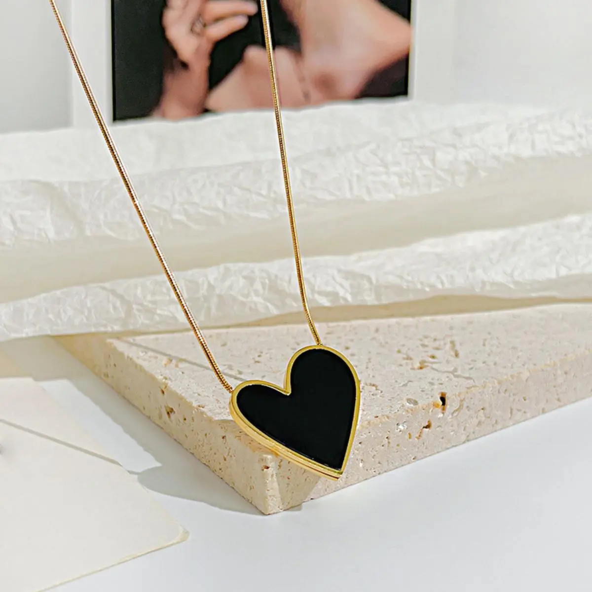 Unisex Geometric Heart Pendant Stainless Steel Necklaces - Black & Silver, Elegant Romantic Anniversary Gift Jewelry Set, Set of 2