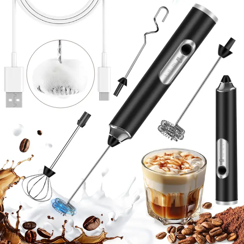 Portable Milk Frother with 3 Heads, USB Rechargeable Handheld Foam Maker, 3-Speed Adjustable Electric Whisk for Coffee, Latte, Hot Chocolate, Kitchen