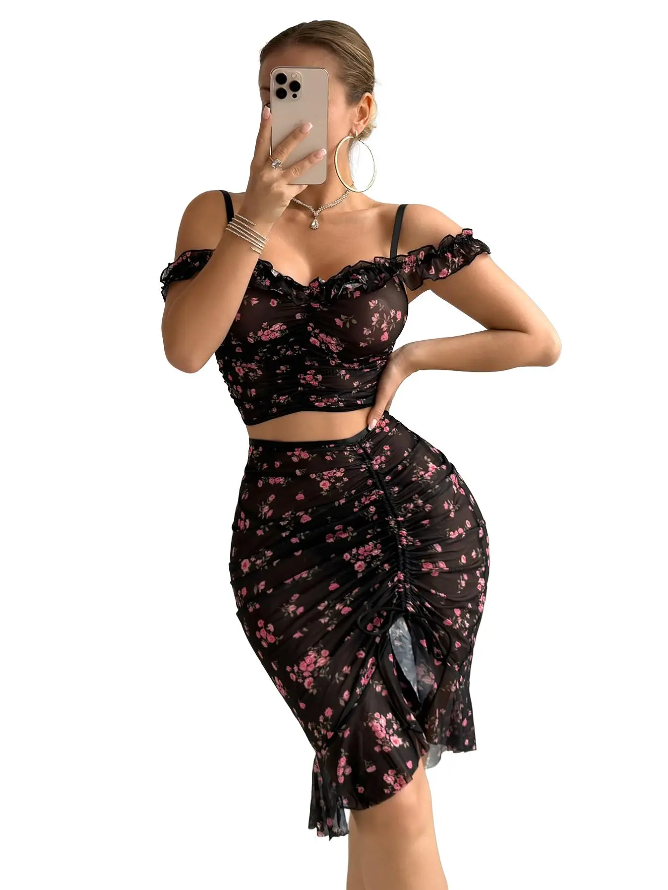 Coquette Sleepwear Set: Fitted Ruffle Floral Nightwear for Sweet & Sexy Nights In Womenswear Loungewear Lounge Pajama Style Ruffle Pajama Set Pajamas Matching Pj Set Loungewear Pjs