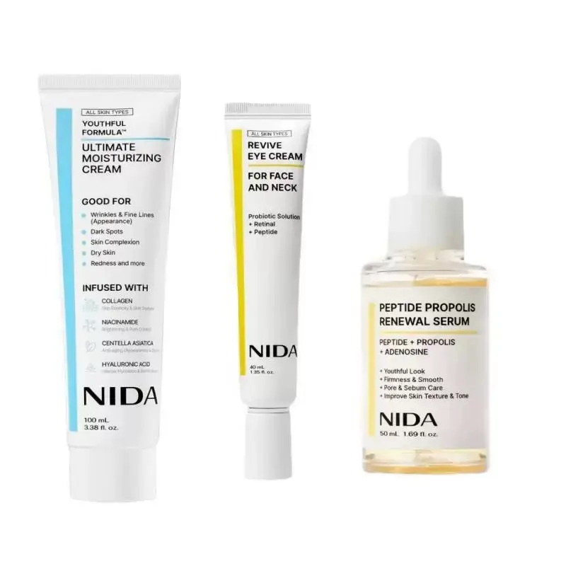 NIDA 3-Piece Skincare Set: Multi-Effect Moisturizer + Cica-Hyal Soothing Serum + Peptide Propolis Anti-Aging Serum