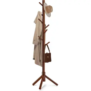 Solid Wooden Coat Rack Freestanding,  Zealand Pine Coat Tree with 8 Hooks & 3 Adjustable Sizes for Coats, Hats, Handbags and Scarves, Space Saving for Entryway/Office/Bedroom (Brown)