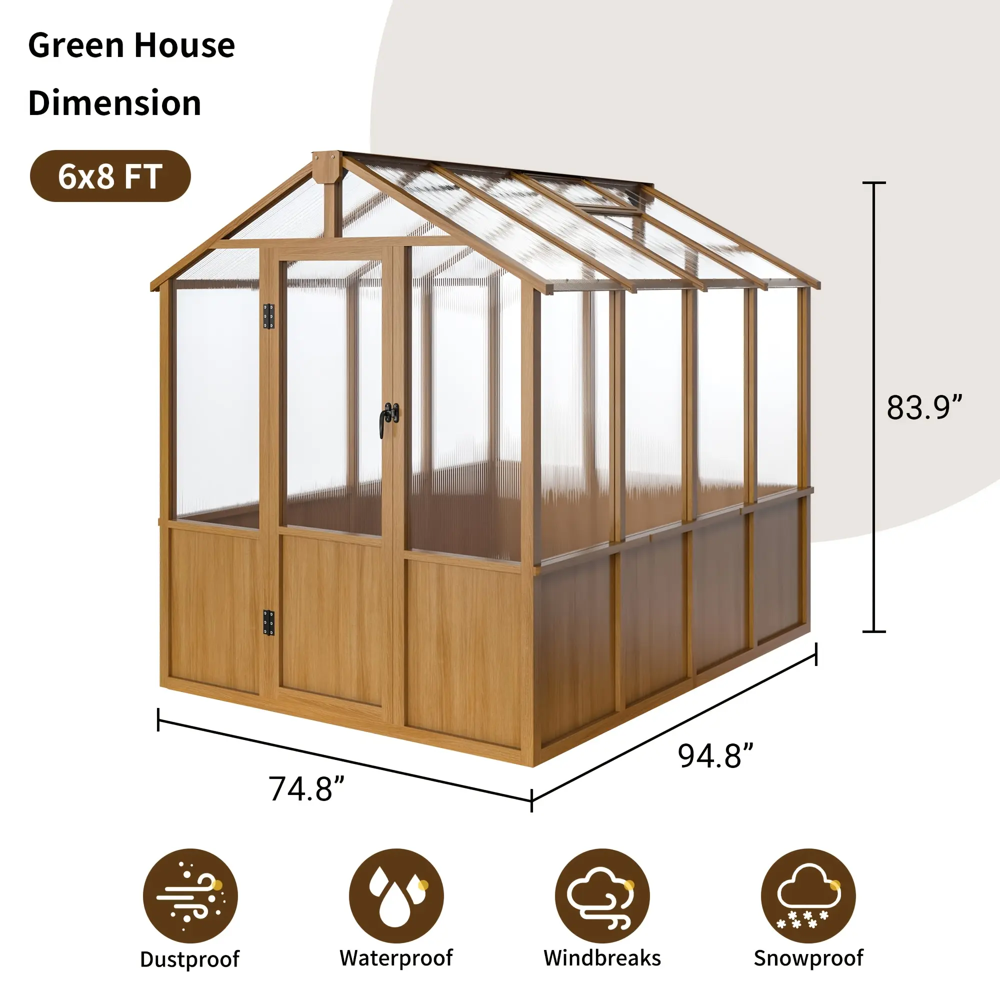 VIWAT Wooden Greenhouse for Outdoors, Walk-in Greenhouse with 6mm Thick Polycarbonate Panel And Adjustable Roof Vents, Garden Backyard, Wood Colourgreenhouse