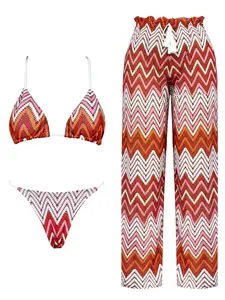 Women's Colorblock Ripple Bikini Set, Fashionable Sexy Triangle Swimsuit with Long Pants, Beach Vacation for Women, Chic Swimsuit Set, Triangle Bikini Top, Triangle Bikini Bottoms