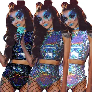 Women's Laser Glitter Party Dress Set - Fitted Sequins Crop Top & Shorts for Nightclubs Music Festivals Halloween Christmas All Seasons Costume
