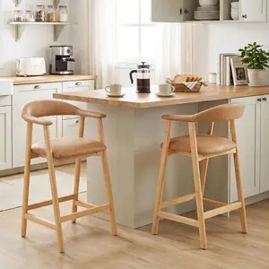 26 inch Bar Stools Set of 2, Upholstered Counter Stools, Modern Faux Leather Counter Height Bar Chairs with Backs and Arms, Wood Legs and Footrest, for Kitchen Counter, Island, Dining Room