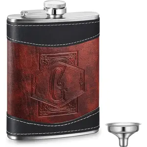 Personalized Groomsmen Flask 8 oz Stainless Steel Monogram  Flask for Men Leather Father's Day  for Dad Grandpa Birthday Wedding(Letter G)