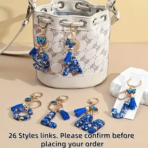 Women's Royal Blue Butterfly Fringe Letter Keychain, Glitter Mosaic Design, Lobster Clasp, Fashion Gift, Valentine's Day Present, Keychain For Purse