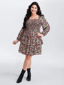 BLOOMCHIC Women's Casual Polyester Floral Print Smocked Midi Dress - Lady's Flattering Fit Garment Womenswear