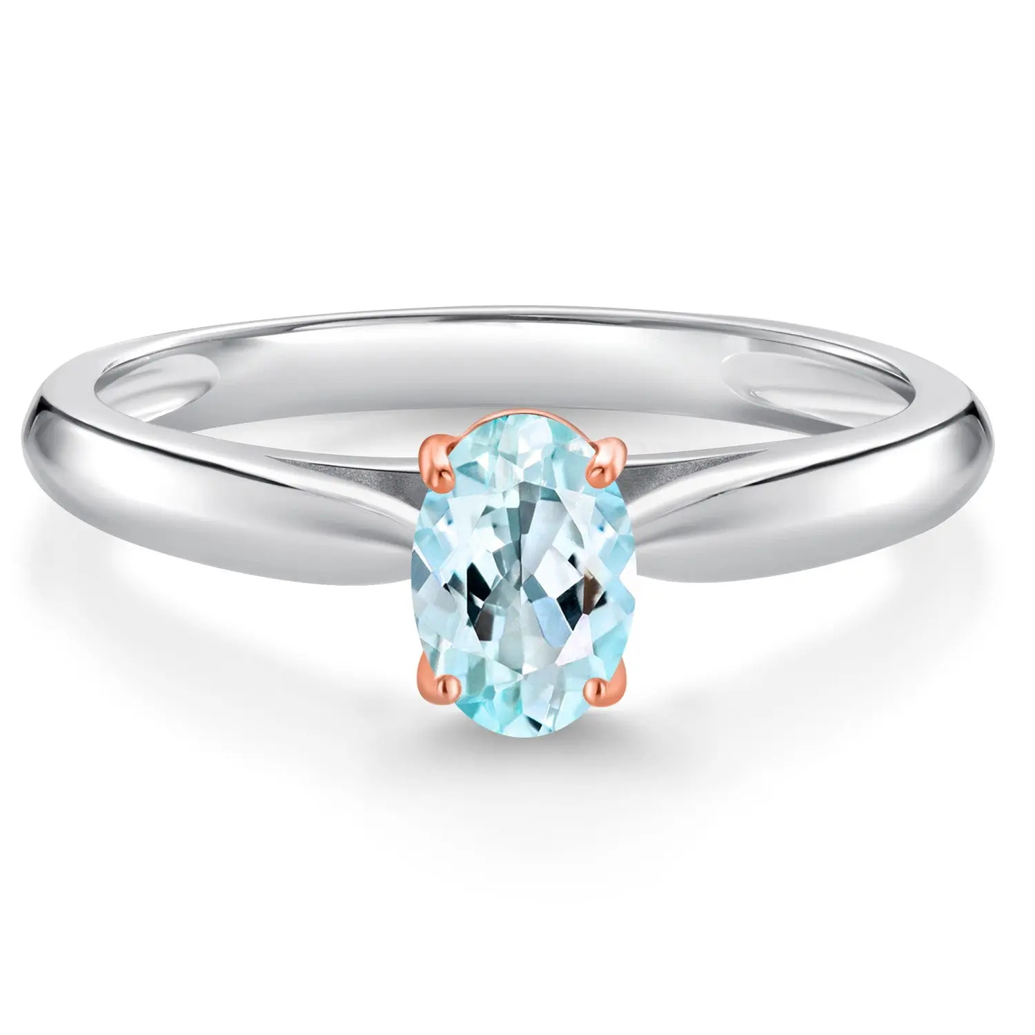 925 Sterling Silver and 10K Rose Gold Prongs Sky Blue Topaz Solitaire Engagement Ring For Women (0.50 Cttw, Oval 6X4MM, Gemstone November Birthstone)