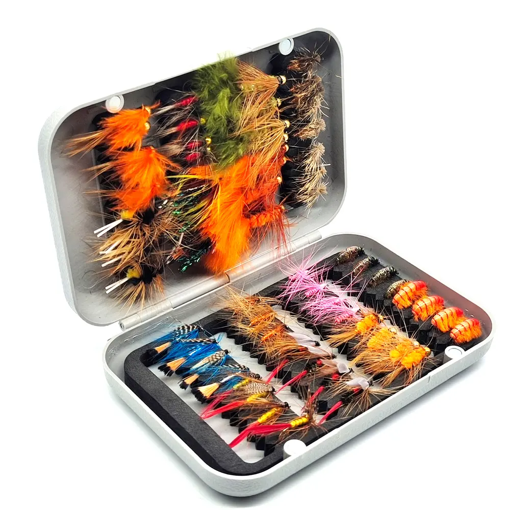 Kylebooker 64pcs Fly Fishing Flies Assortment Kit Dry Wet Flies Nymphs Woolly Bugger for Trout Bass Fishing with Fly Box