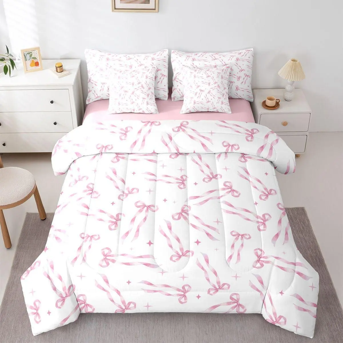 Pink Bow Knot 7 Pcs Bedding Set Coquette Bowknot Comforter Set with Sheets Bowtie Bed in A Bag Kawaii Bow Decor Bedroom Decor