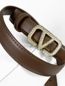 Fashion Rhinestone Letter Pattern Business Casual Versatile Adjustable Women's Belt, PU Material, Snap Buckle, All Seasons