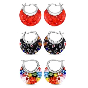 Set of 3 Red, Black and Multi Color Murano Style Basket Earrings in Stainless Steel with Lifetime  Christmas Gifts