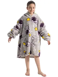Adorable Space Sloth Print Cozy Hooded Blanket Robe, Long Sleeve Loose Fit Home Wear, Large Size, Fall & Winter