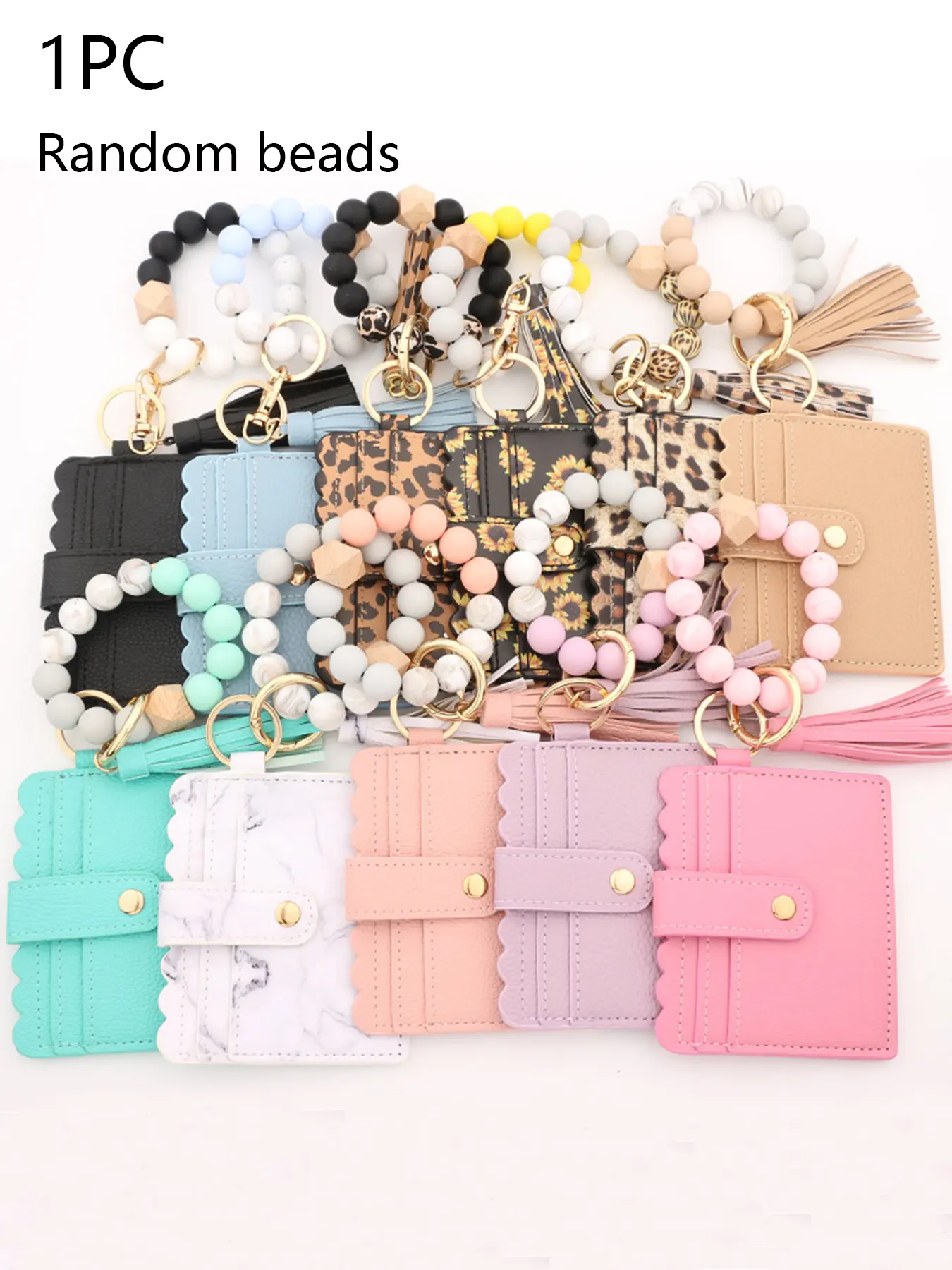Macaroon color beaded bracelet card set, multi-color  card case key chain integrated portable jewelry combination, small exquisite and lovely classic casual Joker, personalized fashion gift bag accessories, Keychain For Bags