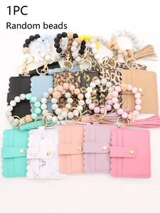 Macaroon color beaded bracelet card set, multi-color  card case key chain integrated portable jewelry combination, small exquisite and lovely classic casual Joker, personalized fashion gift bag accessories, Keychain For Bags