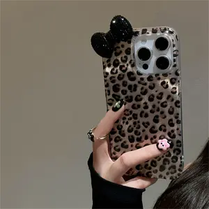 Stylish 3D Rhinestone Bow Leopard Print Phone Case Compatible with iPhone 16 15 14 13 12 Pro Max 11 Stylish Shockproof Back Cases
