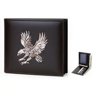 Slim Minimalist Bifold Wallet Men's Genuine Leather Bifold Wallet Full Grain Cowhide RFID ID Window Multi Card Slots Dark Brown with Stag Embroidery