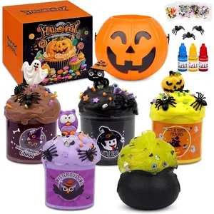 Halloween Slime Kit,5 Packs Butter Slime with Pumpkin Bucket,Non-Sticky Cloud Slime Making Kit with Color Liquid for Girls Ages 8-12,Halloween Party Favor Trick or Treat Gifts for Girls and Boys