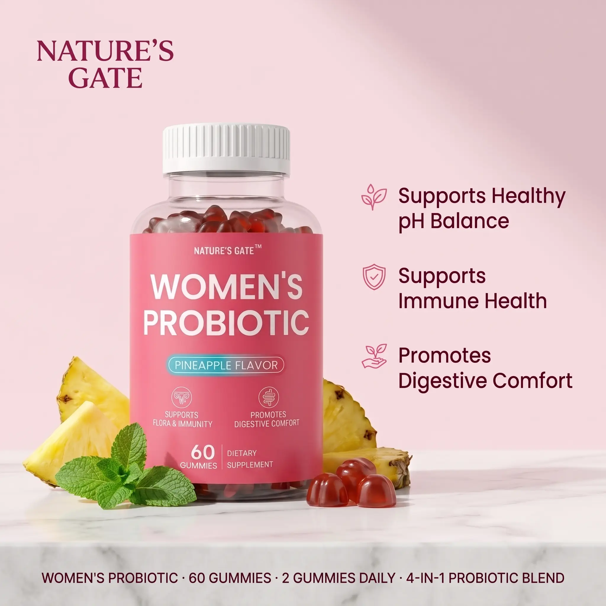 Women's Juicy Chewable Probiotic GummiesDietary Feminine Supplement All-in-1 with Slippery EIm,Prebiotics & Lactobacillus Blend for pH Balance, Dryness,Digestive Health & Gut Health Support backtoschool