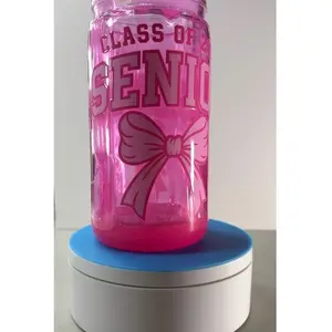 Class of 2026 Senior Tumbler Cup 16oz Pink Honey Drip Design with Bow Accent Clear Acrylic with Lid and Straw for Graduation Gifts