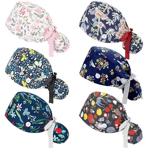 hair band 6 Pcs Satin Lined Scrub Caps Women Nurse Surgical Hat with Buttons Ponytail Working Adjustable Shower Caps Tie Back Hair Bonnets