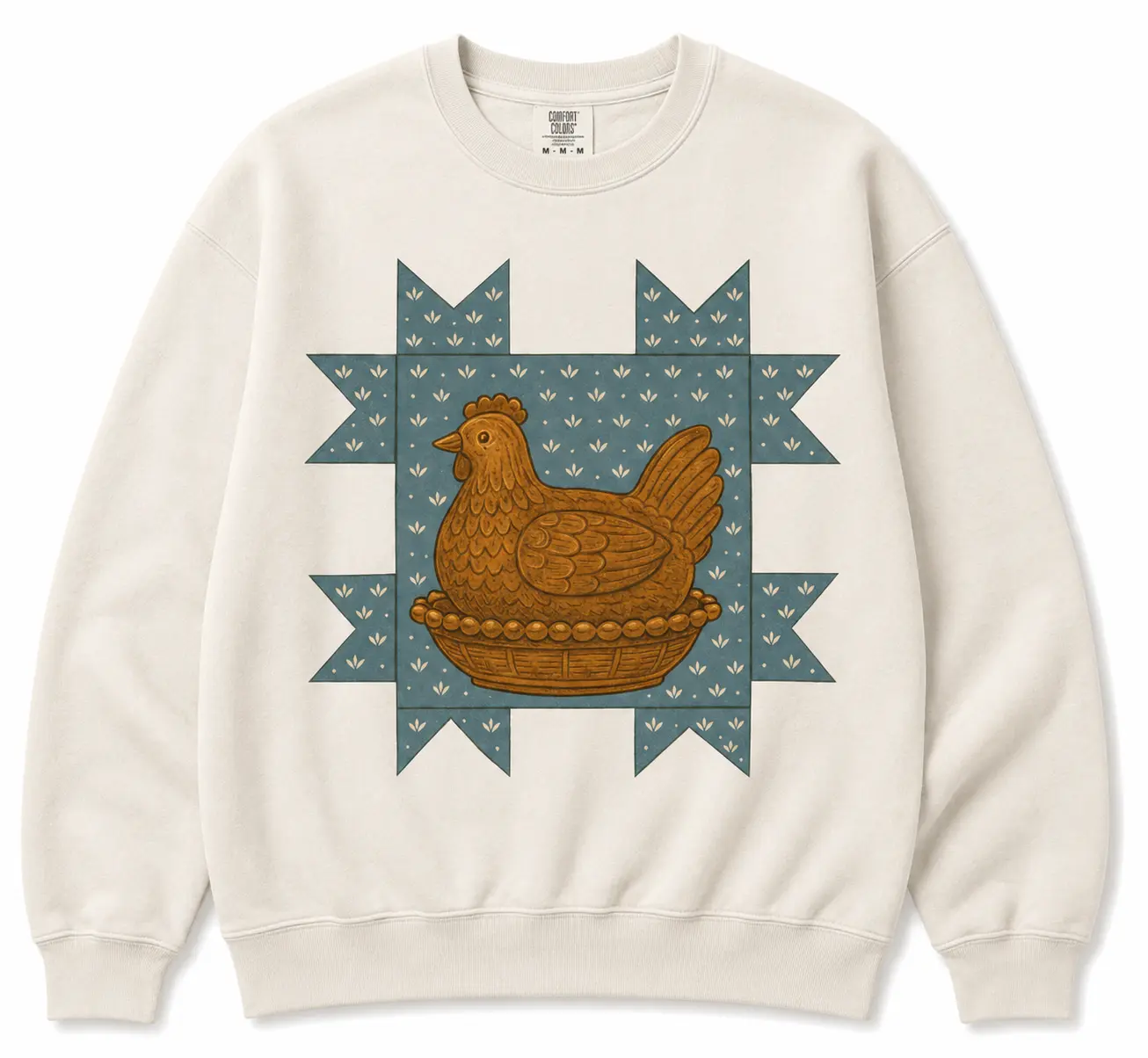 Men's Unisex Comfy Fabric Round Neck Vintage-Inspired Thrifted Hen-In-Nest Crewneck Tops, Retro 90s Granny Square Chicken Themed Grandmillennial Sweatshirt, Women, Garments, Fitted, Casual, Cotton, Polyester, Ribbed