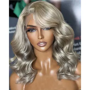 Ash Blonde Loose Body Wave Bob Lace Frontal Human Hair Wigs Transparent Thin Lace Milk Tea Ash Blonde Virgin Human Hair Wigs Natural Wave 13X4 Lace Front Glueless Pre Plucked With Baby Hair