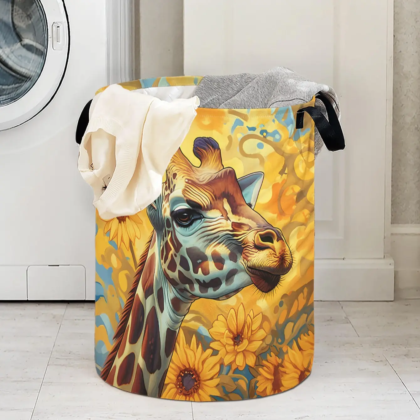 Giraffe Print Laundry Basket with Handle, Durable Foldable Clothes Storage Bin, Large Capacity Toy Organizer, Home Use