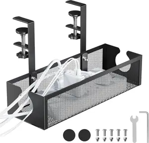 No-Drill Metal Under-Desk Cable Management Tray Heavy-Duty Clamp-On Wire Organizer for Home Office Standing Desks & Gaming Setups Black/White Tool-Free Installation Anti-Slip Pads Wide Openings