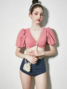 Japanese Korean Colorblock Bubble Sleeve High Waist Slimming Swimsuit, Short Sleeve Split Bikini Set for Spa Vacation Fashion