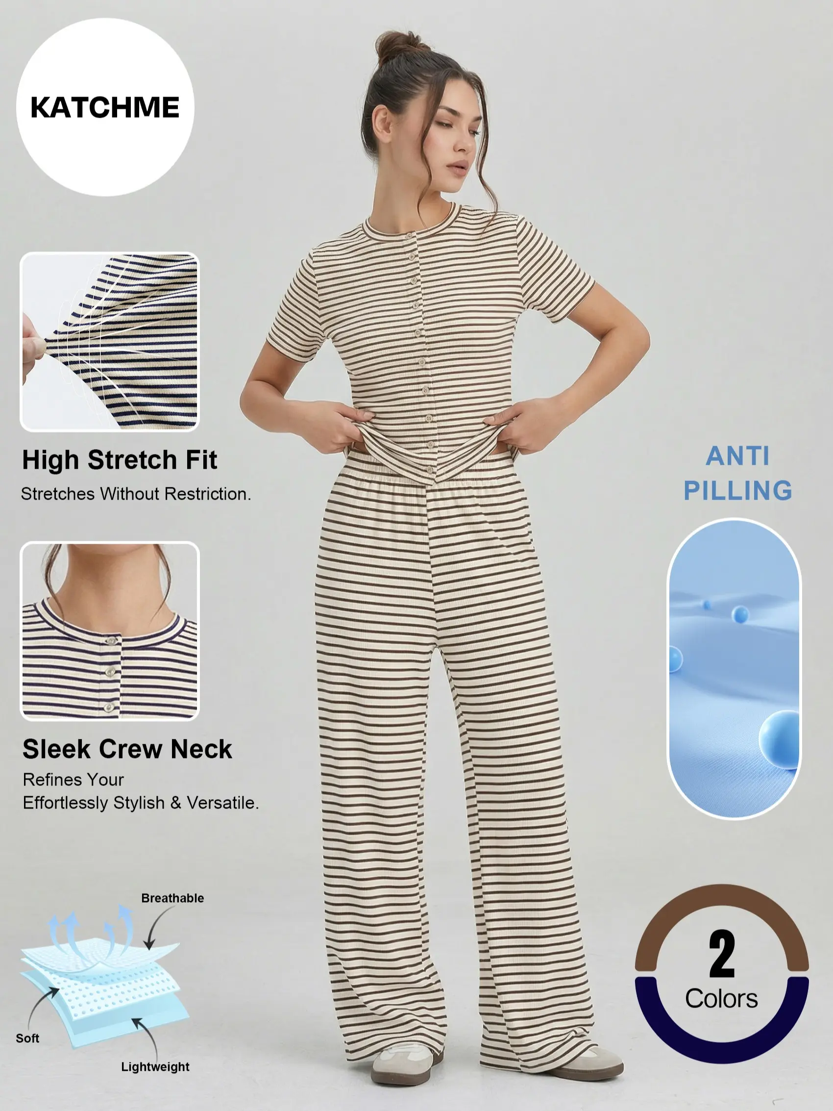 Katch Me Chic Women's Casual Stripe Flattering Short Sleeve Top & Wide Leg Trousers Co-ord, Soft Pill-Resistant Breathable Two Piece Sets, High Stretch Daily Outfit #TikTokMadeMeBuyIt #MatchingSet #StreetStyle